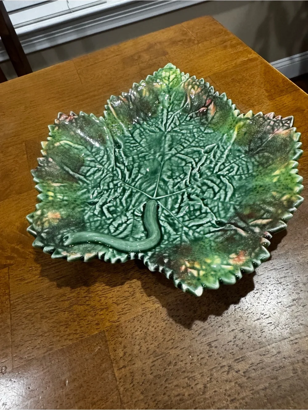 Bordallo Pinheiro Majolica Leaf Dish Green Orange Glaze Pottery Made in Portugal